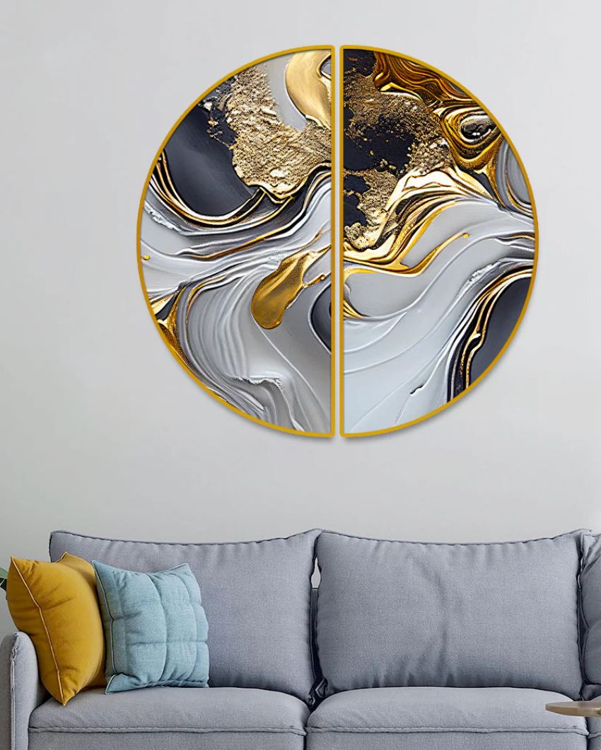 Golden & Silver Hues Semi-Circle Canvas Painting stretched on wood | Set of 2