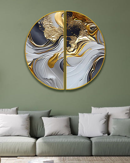 Golden & Silver Hues Semi-Circle Canvas Painting stretched on wood | Set of 2