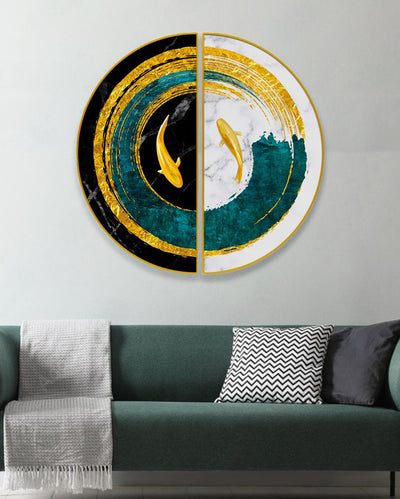 Golden Fish in Turquoise Pond Semi-Circle Canvas Painting stretched on wood | Set of 2