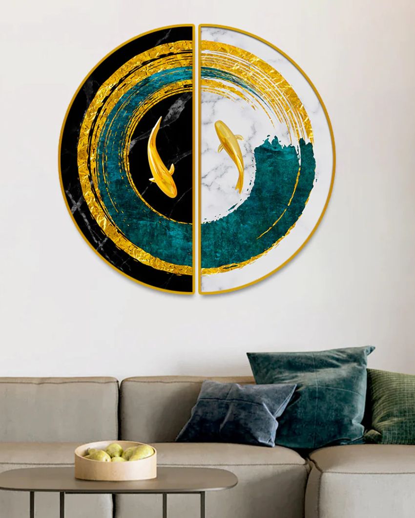 Golden Fish in Turquoise Pond Semi-Circle Canvas Painting stretched on wood | Set of 2