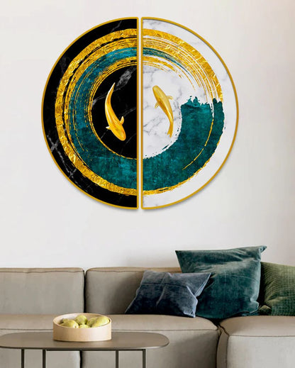 Golden Fish in Turquoise Pond Semi-Circle Canvas Painting stretched on wood | Set of 2