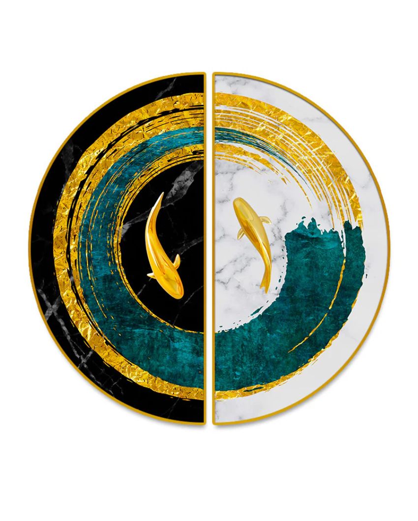 Golden Fish in Turquoise Pond Semi-Circle Canvas Painting stretched on wood | Set of 2