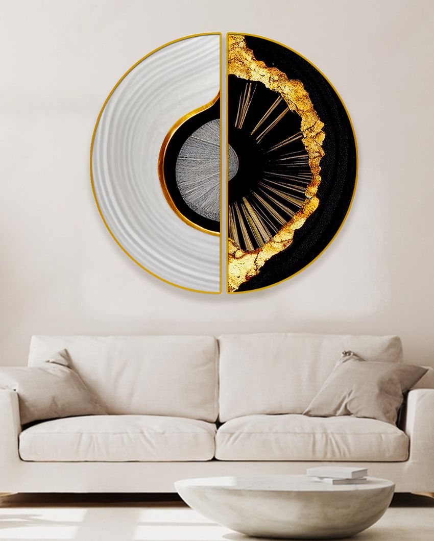 Golden Semi-Circle Abstract Canvas Painting stretched on wood | Set of 2