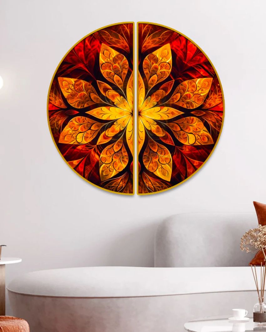 Golden Floral Semi-Circle Canvas Painting stretched on Wood | Set of 2