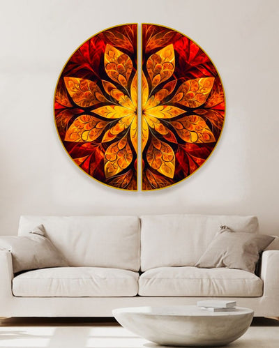 Golden Floral Semi-Circle Canvas Painting stretched on Wood | Set of 2