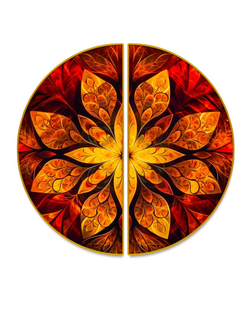 Golden Floral Semi-Circle Canvas Painting stretched on Wood | Set of 2