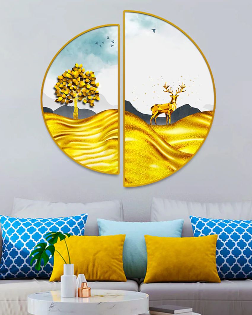 Golden Deer Semi-Circle Canvas Painting stretched on wood | Set of 2