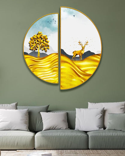 Golden Deer Semi-Circle Canvas Painting stretched on wood | Set of 2