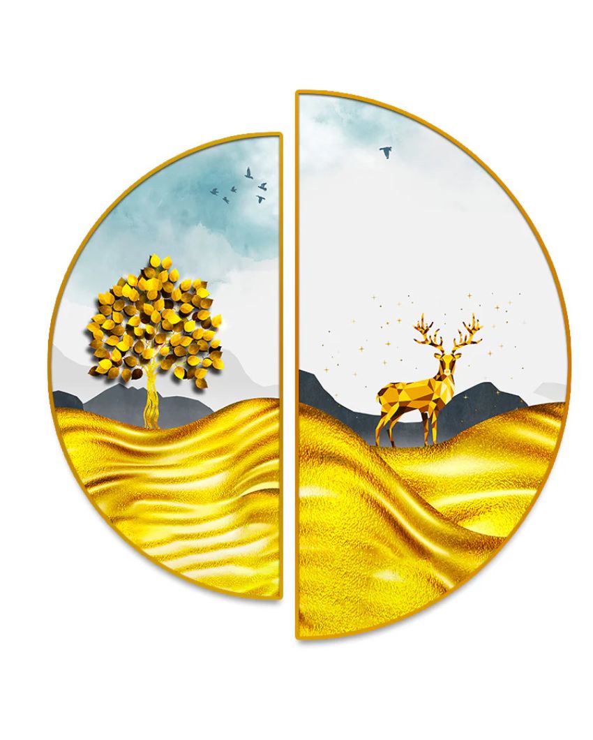 Golden Deer Semi-Circle Canvas Painting stretched on wood | Set of 2