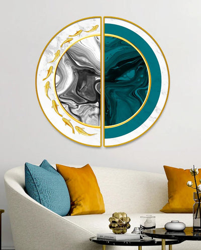 Gold Fish Semi-Circle Canvas Painting stretched on wood | Set of 2