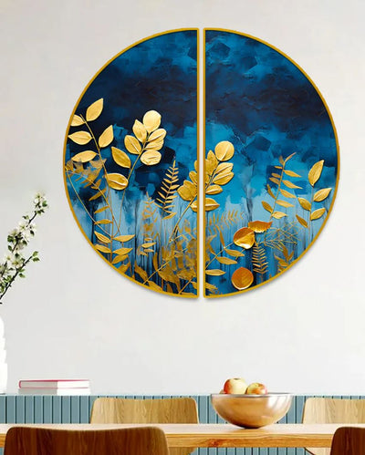 Golden Leaves Semi-Circle Canvas Painting stretched on wood | Set of 2