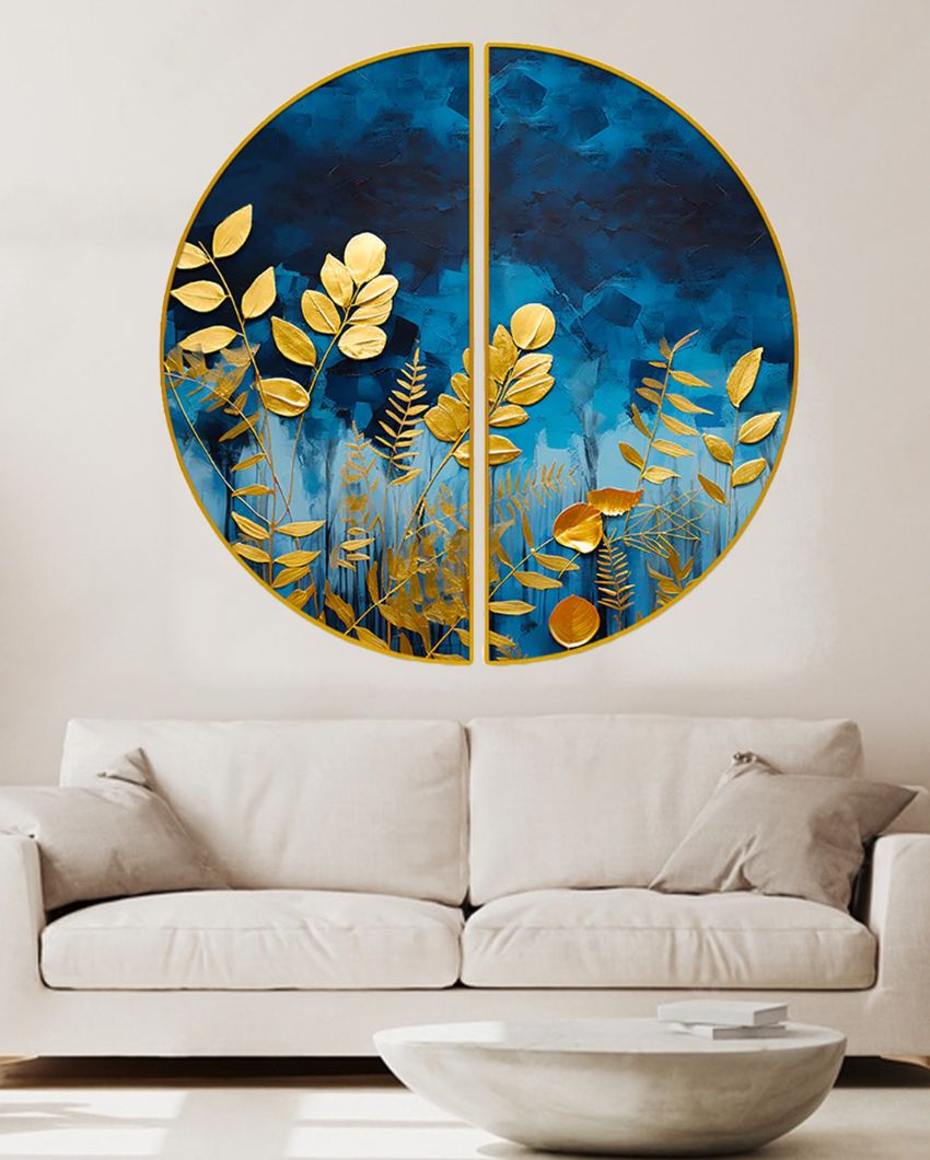 Golden Leaves Semi-Circle Canvas Painting stretched on wood | Set of 2