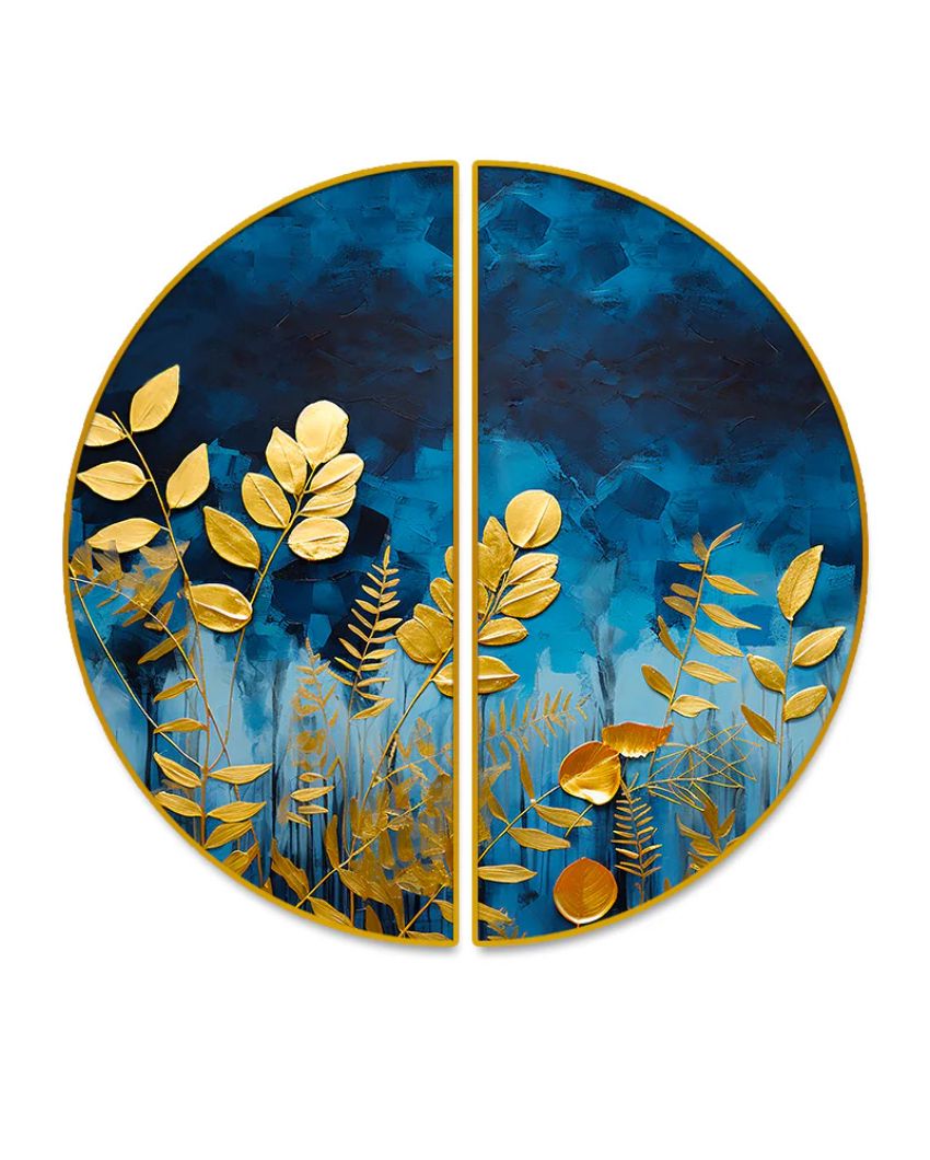 Golden Leaves Semi-Circle Canvas Painting stretched on wood | Set of 2