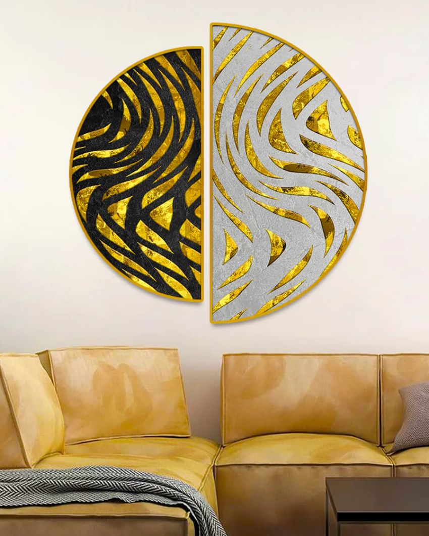 Beautiful Golden Pattern Semi-Circle Canvas Painting stretched on wood | Set of 2