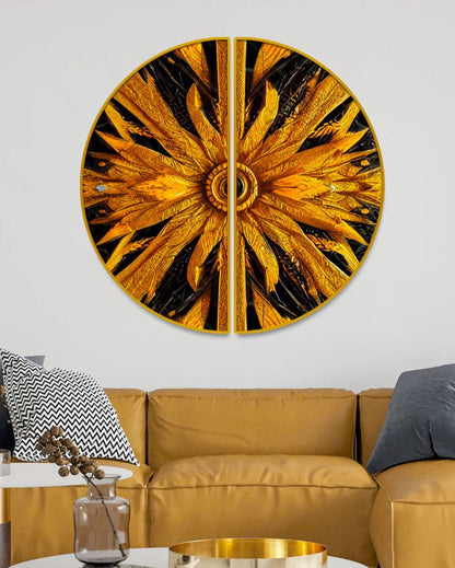 Golden Flower Semi-Circle Canvas Painting stretched on wood | Set of 2