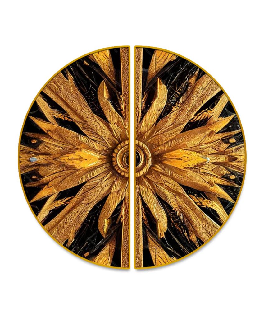 Golden Flower Semi-Circle Canvas Painting stretched on wood | Set of 2