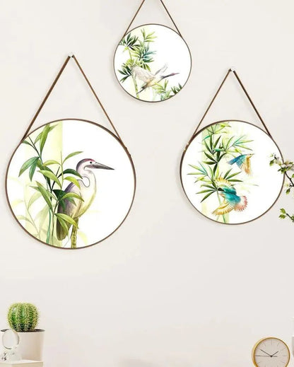 Tropical Birds Round Framed Wall Art Leather Strap | Set of 3