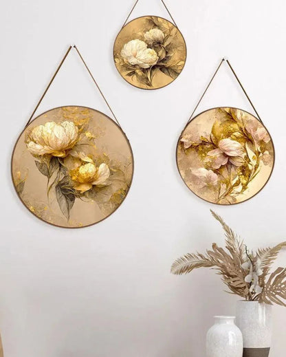 Golden Peony Flower Round Framed Wall Art Leather Strap | Set of 3