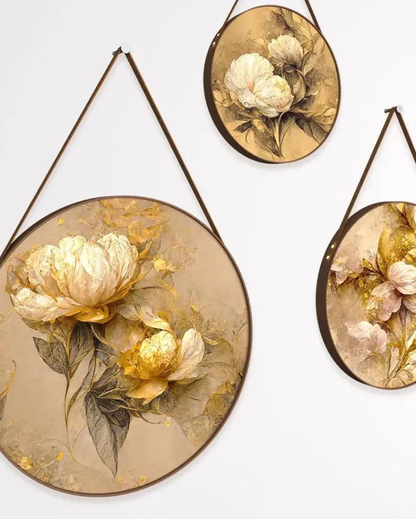 Golden Peony Flower Round Framed Wall Art Leather Strap | Set of 3