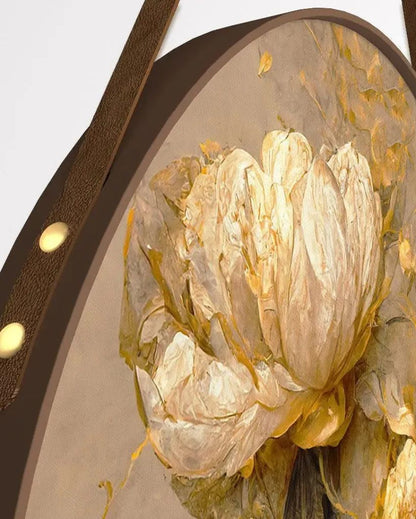 Golden Peony Flower Round Framed Wall Art Leather Strap | Set of 3