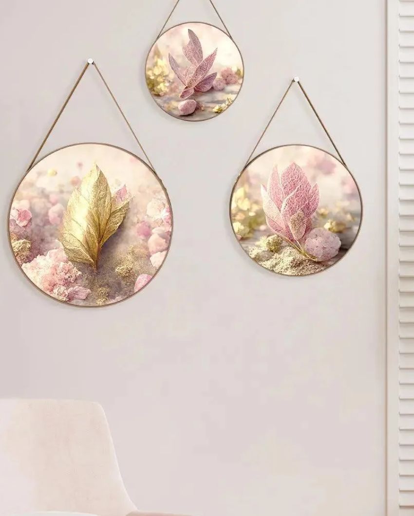 Blush Pink Leaves Round Framed Wall Art Leather Strap | Set of 3