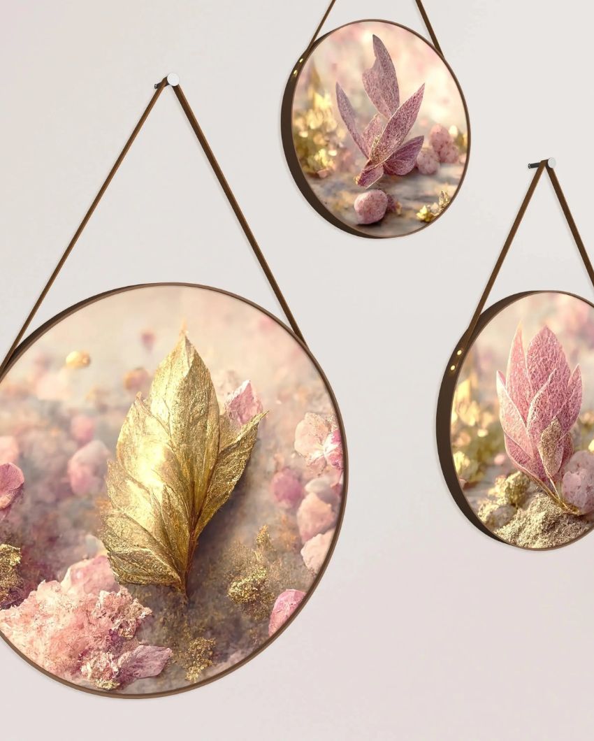 Blush Pink Leaves Round Framed Wall Art Leather Strap | Set of 3