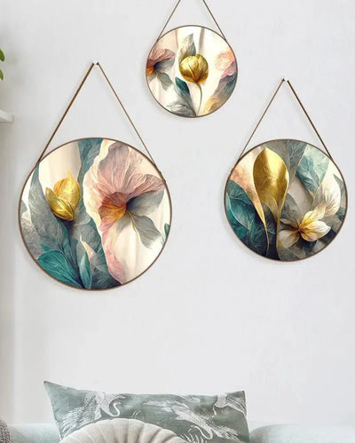 Daytime Bloom Round Framed Wall Art Leather Strap | Set of 3