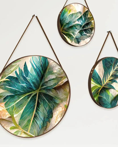 Tropical Leaves Round Framed Wall Art With Leather Strap | Set of 3