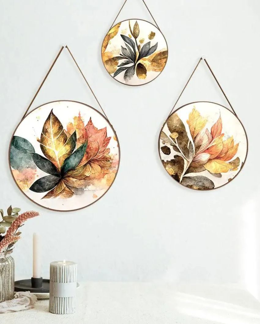 Artistic Brushed Leaves Round Framed Wall Art Leather Strap | Set of 3