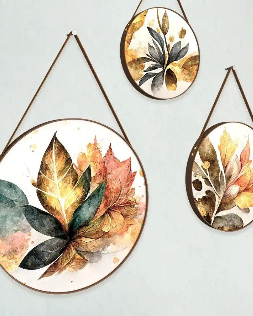 Artistic Brushed Leaves Round Framed Wall Art Leather Strap | Set of 3