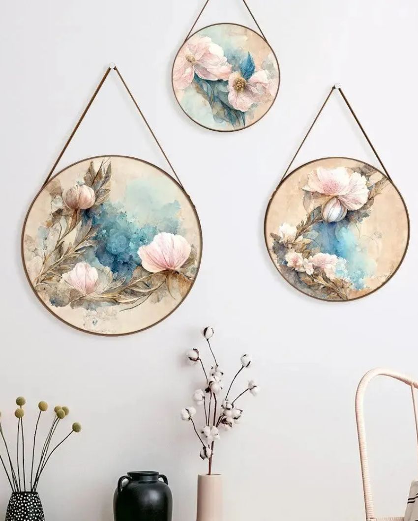 Floral Splash Round Framed Wall Art Leather Strap | Set of 3