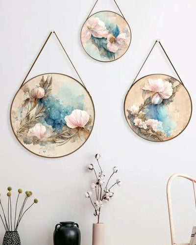 Floral Splash Round Framed Wall Art Leather Strap | Set of 3