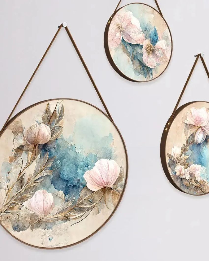 Floral Splash Round Framed Wall Art Leather Strap | Set of 3