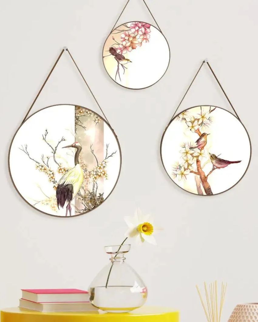 Floral Birds Round Framed Wall Art Leather Strap | Set of 3