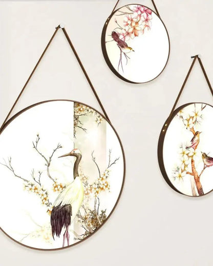 Floral Birds Round Framed Wall Art Leather Strap | Set of 3