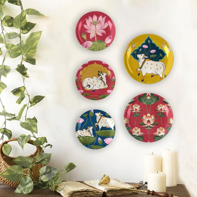 Traditional Elegance Pichwai Art Ceramic Multicolor Wall Plates with Table Stands | Set of 5