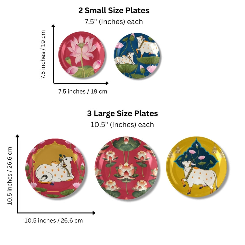 Traditional Elegance Pichwai Art Ceramic Multicolor Wall Plates with Table Stands | Set of 5