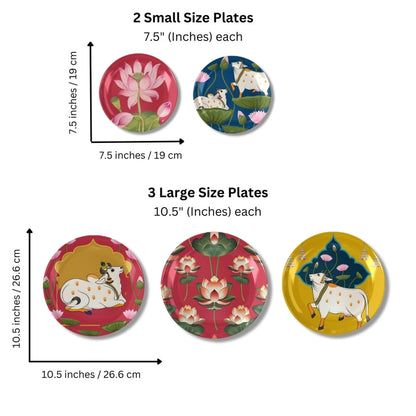 Traditional Elegance Pichwai Art Ceramic Multicolor Wall Plates with Table Stands | Set of 5