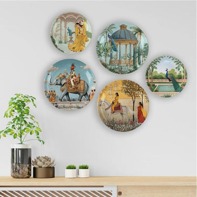 Royal Heritage Traditional Art Ceramic Multicolor Wall Plates with Table Stands | Set of 5