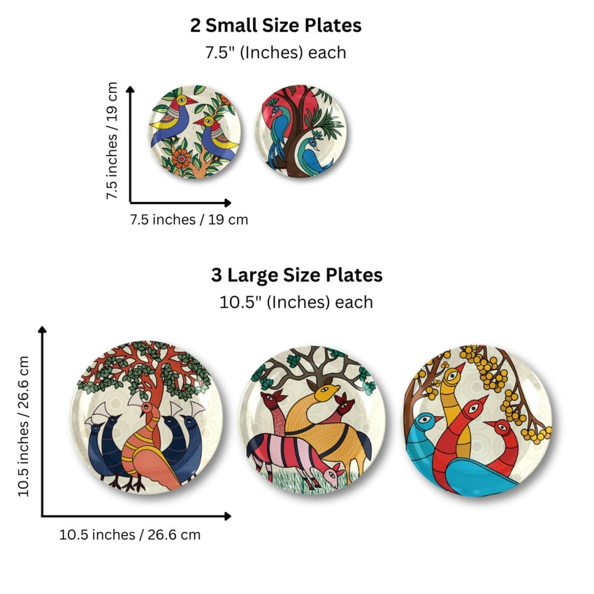 Cultural Fusion Madhubani Art Ceramic Multicolor Wall Plates with Table Stands | Set of 5