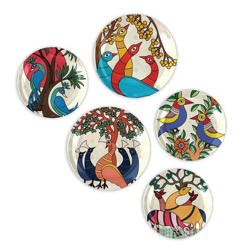 Cultural Fusion Madhubani Art Ceramic Multicolor Wall Plates with Table Stands | Set of 5