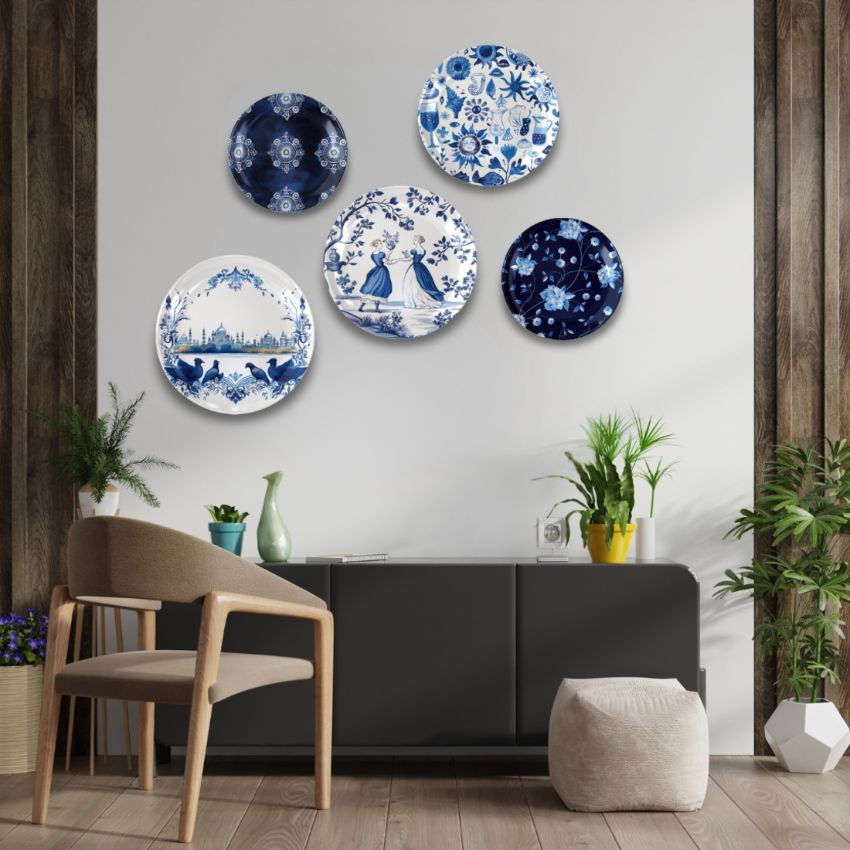 Classic Delft Art Ceramic Multicolor Wall Plates with Table Stands | Set of 5