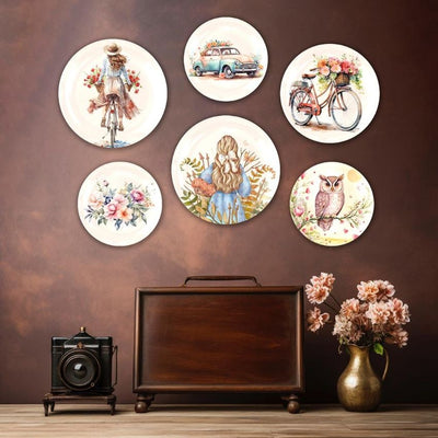 Vintage Aesthetics Art Ceramic Multicolor Wall Plates with Table Stands | Set of 6