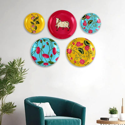 Artistic Heritage Pichwai Art Ceramic Multicolor Wall Plates with Table Stands | Set of 5