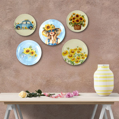 Retro Vibes Vintage Ceramic Multicolor Wall Plates with Table Stands | Set of 5