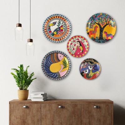 Folk & Madhubani Art Ceramic Multicolor Wall Plates with Table Stands | Set of 5