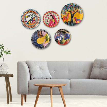 Folk & Madhubani Art Ceramic Multicolor Wall Plates with Table Stands | Set of 5