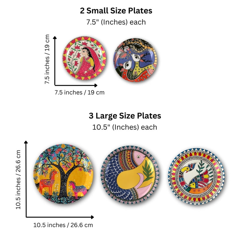 Folk & Madhubani Art Ceramic Multicolor Wall Plates with Table Stands | Set of 5