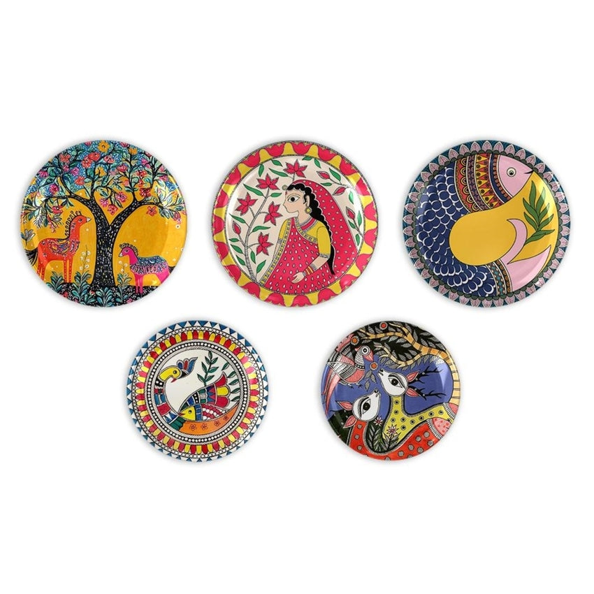 Folk & Madhubani Art Ceramic Multicolor Wall Plates with Table Stands | Set of 5