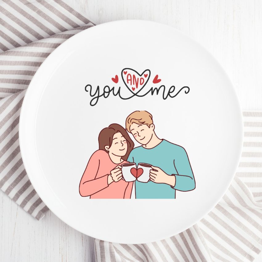 Romantic Duo Love You & Me Theme Ceramic Multicolor Wall Plate with Table Stand | 11 inches